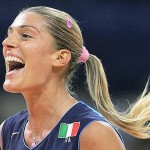 Italy's Francesca Piccinini laughs during the women's quarter-final volleyball match against Cuba at Athens Olympics