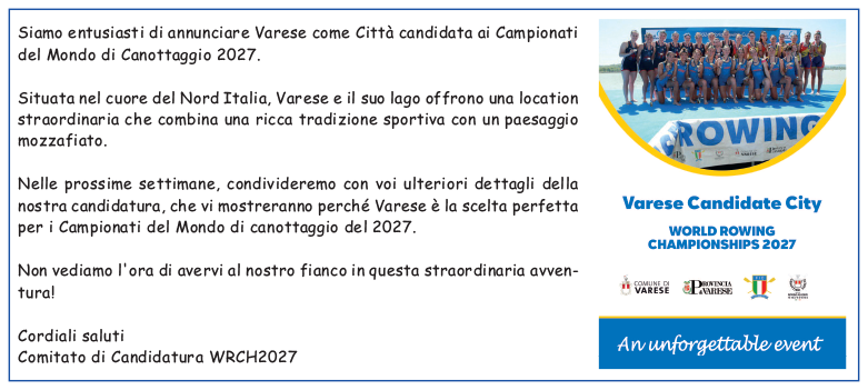 Canottaggio: Mondiali Assoluti 2027 a Varese. Il Comitato Organizzatore rilancia la candidatura