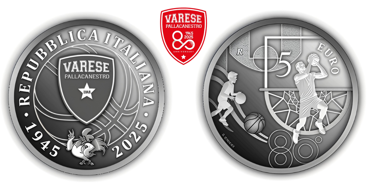 80 anni di Pallacanestro Varese in 5€. Ecco la nuova moneta della Zecca: argento, colori e storia del basket